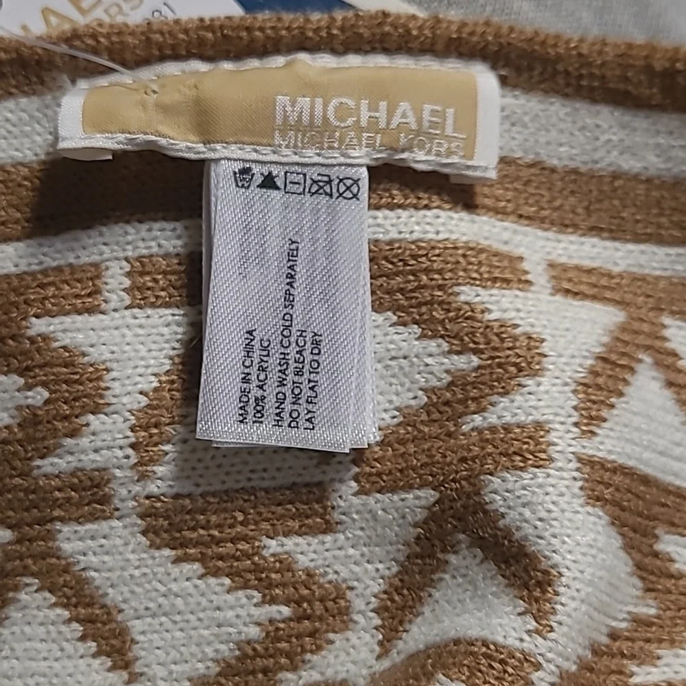 Michael Kors Bordered MK Logo Print Muffler Scarf, Camel/Cream - Picture 5 of 5